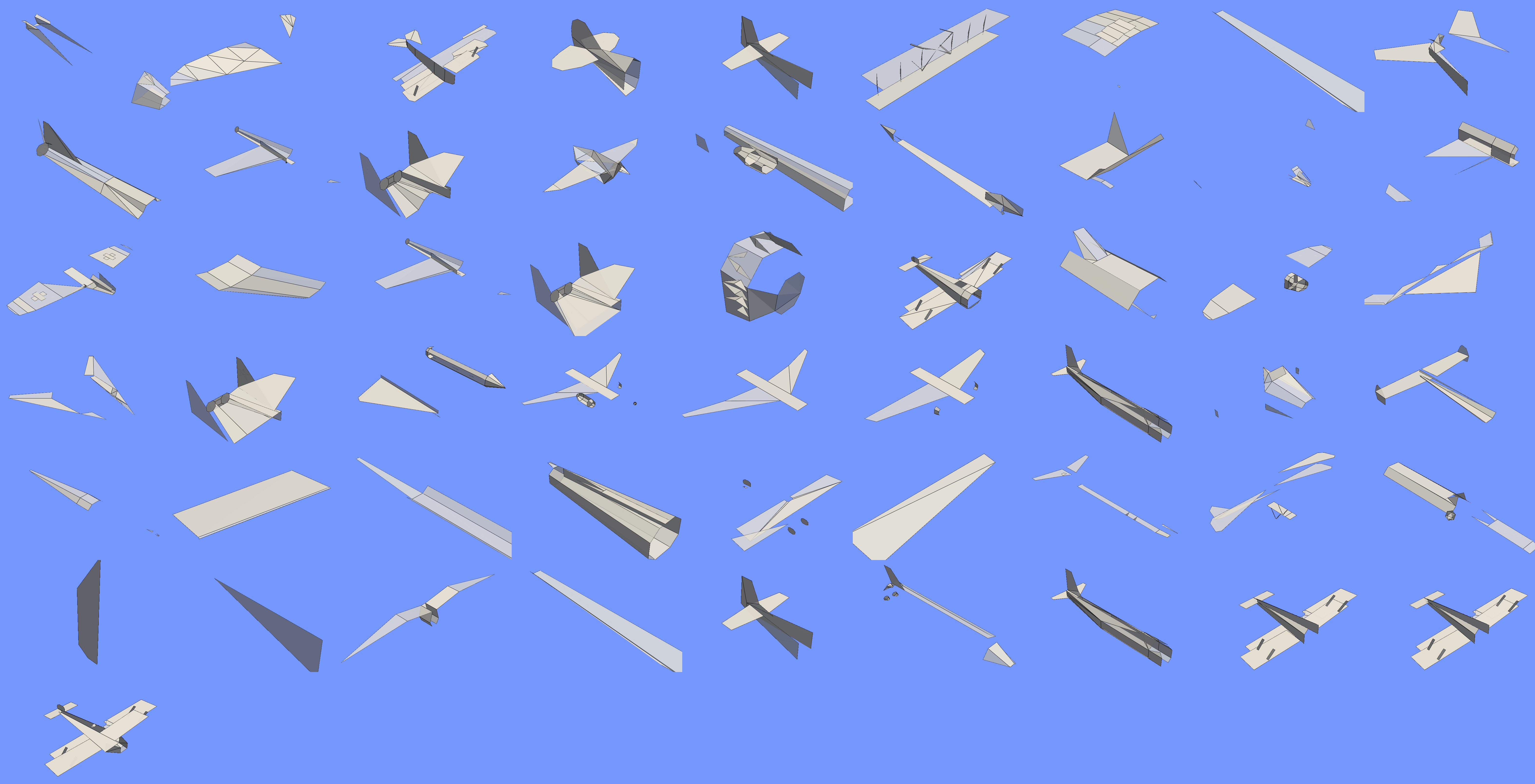 LLM이 생성한 초기 디코더의 출력물로 비행기 부품들이 흩어져 있는 모습