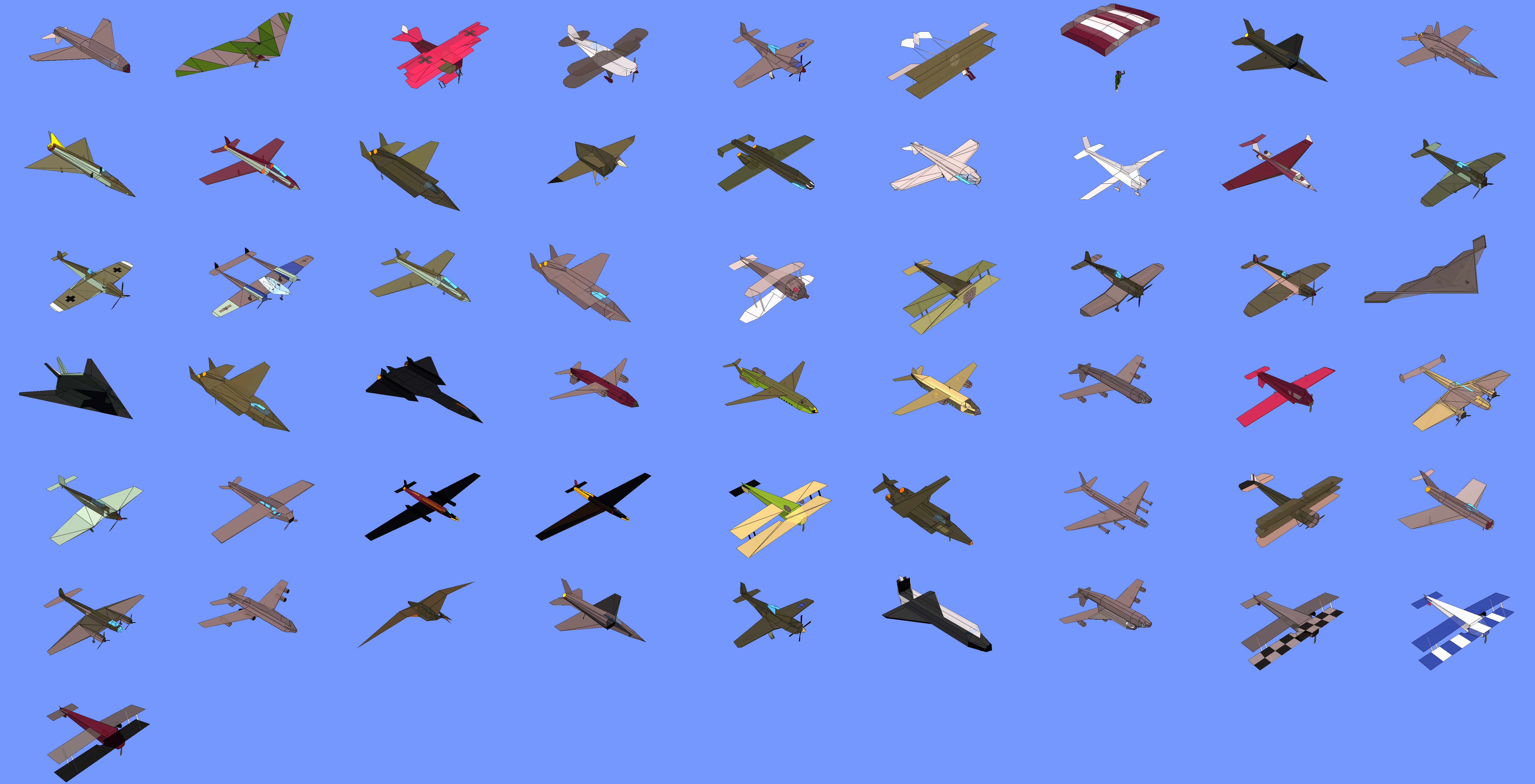 색상이 적용된 비행기 모델들이 정렬된 모습