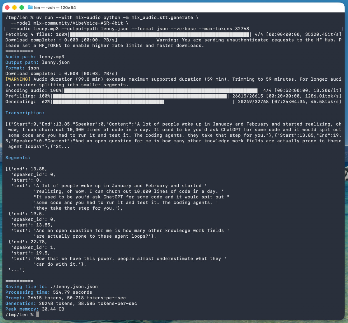 macOS 터미널에서 mlx-audio를 사용하여 VibeVoice 모델을 실행하는 과정과 결과 통계 화면