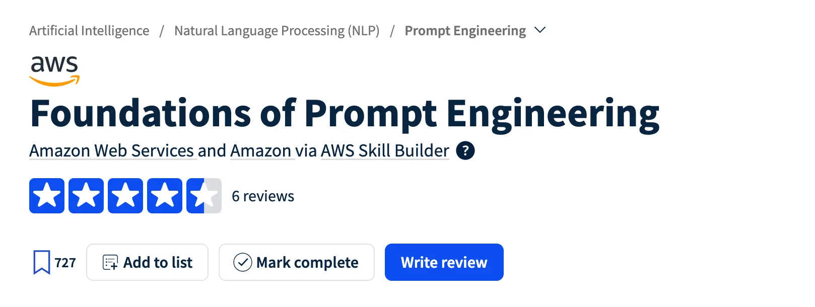 AWS Skill Builder 플랫폼에서 제공하는 'Foundations of Prompt Engineering' 코스 화면이다.