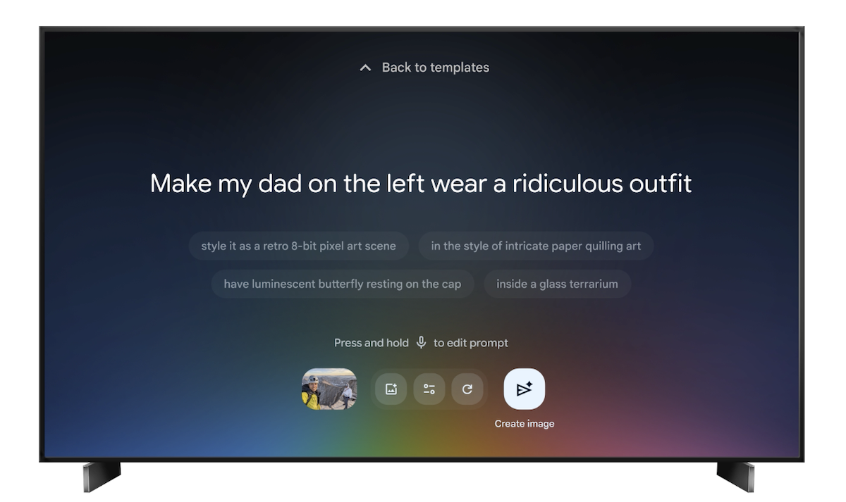Google TV에서 Nano Banana 모델을 사용해 음성 프롬프트로 이미지를 편집하는 인터페이스 화면