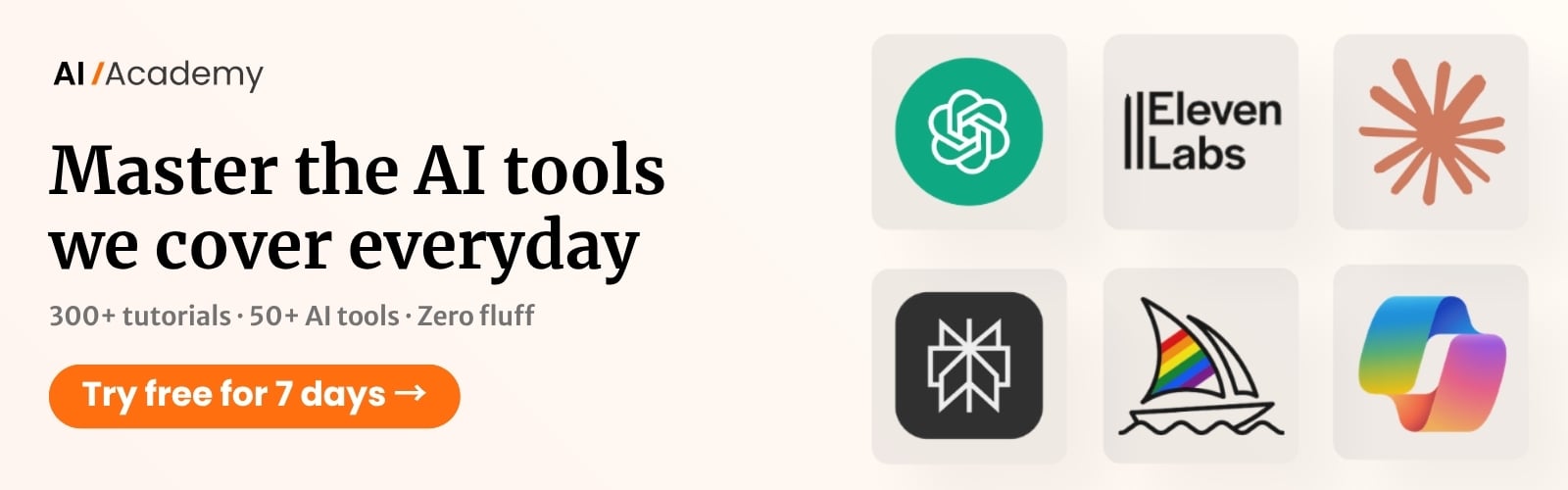 Techpresso AI Academy 홍보 배너로 주요 AI 도구 로고들을 포함하고 있음