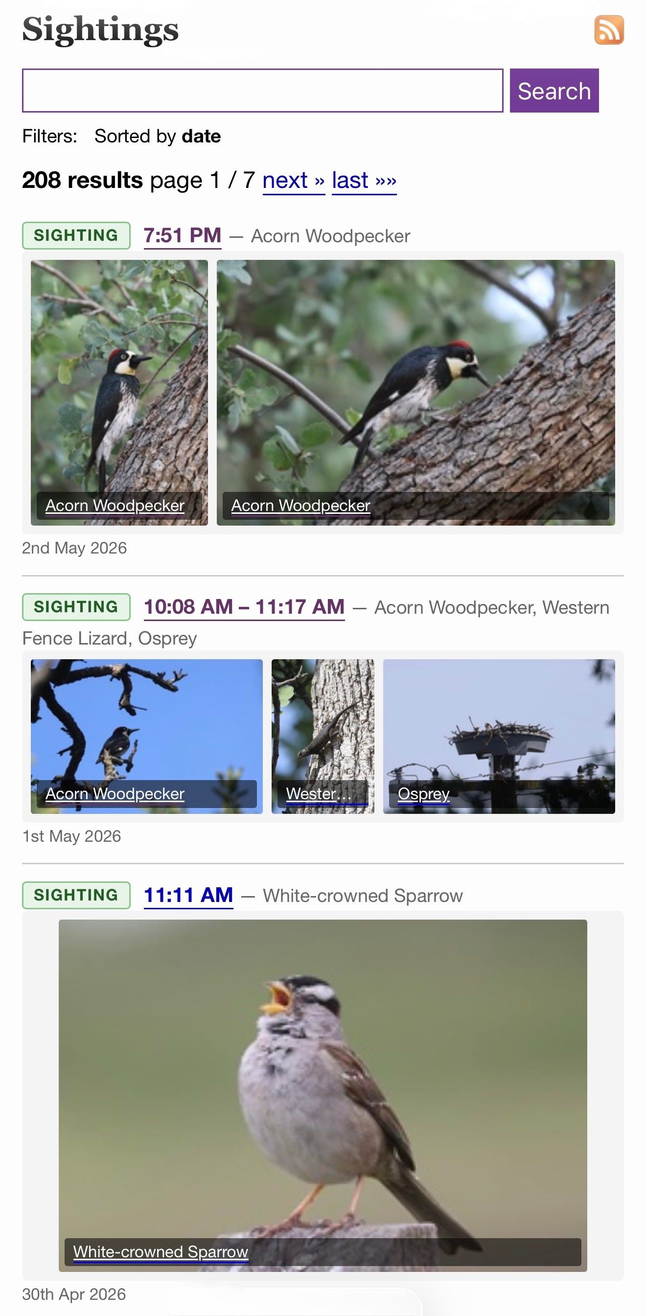 블로그에 통합된 야생동물 관찰 기록(Sightings) 페이지의 스크린샷