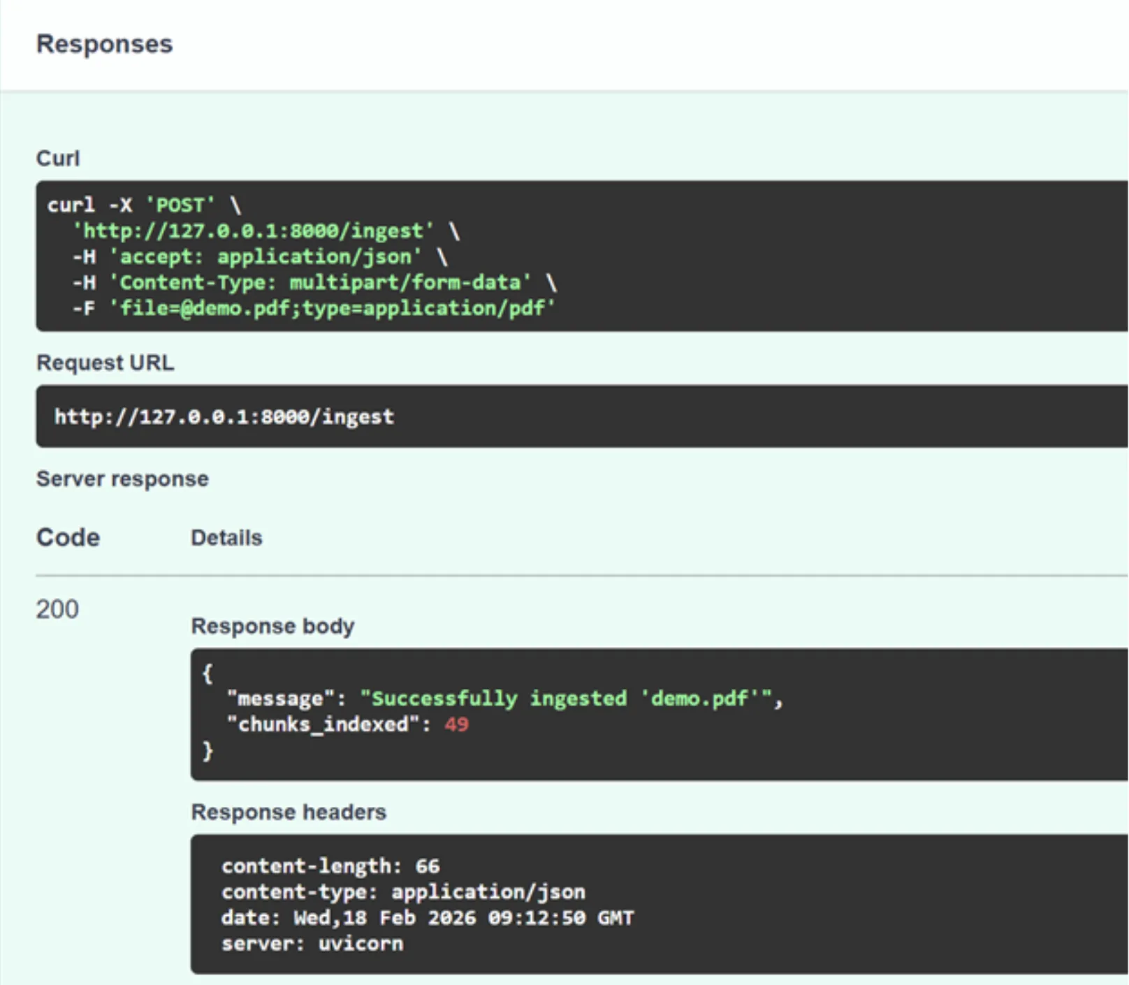 /ingest API 호출에 대한 서버의 JSON 응답 예시이다.