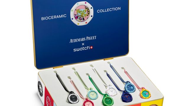 Swatch와 Audemars Piguet의 Royal Pop 협업 컬렉션 제품 사진.