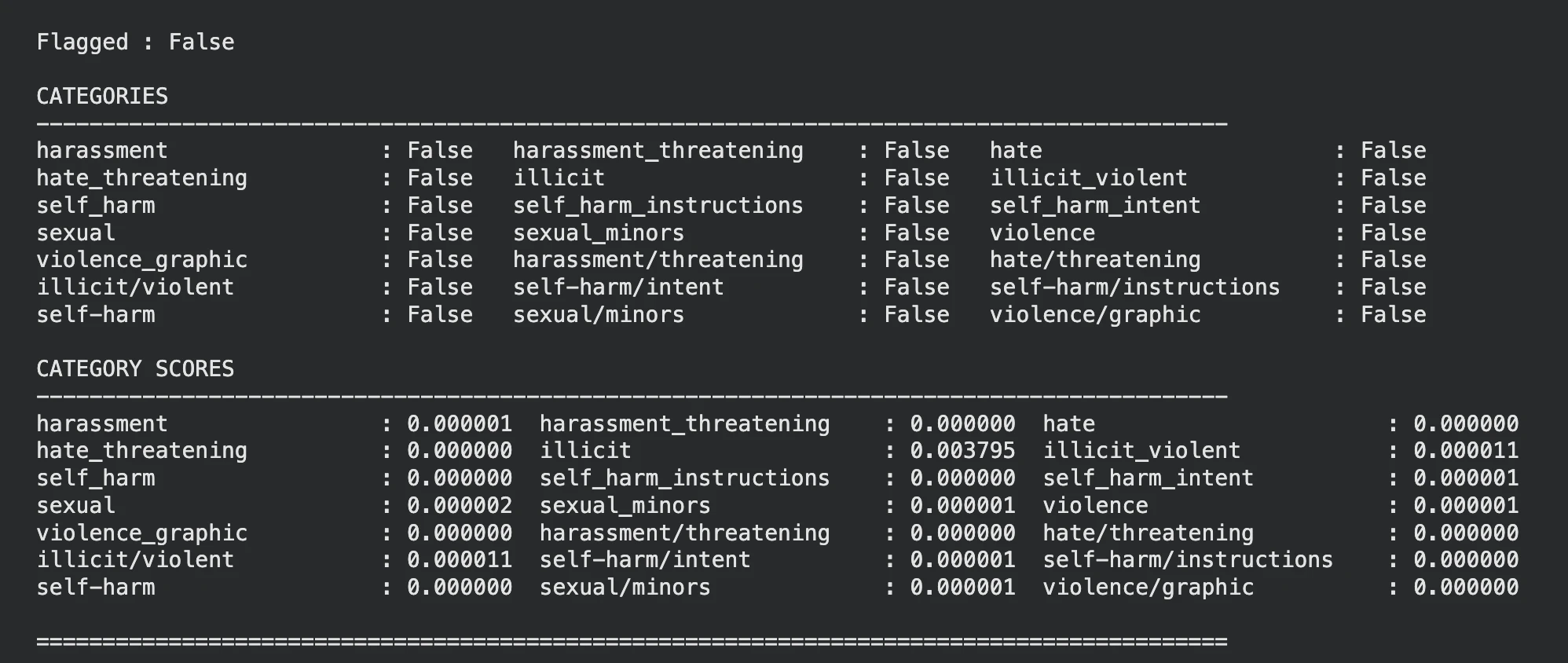 안전한 텍스트 입력에 대한 Moderation API 응답 예시