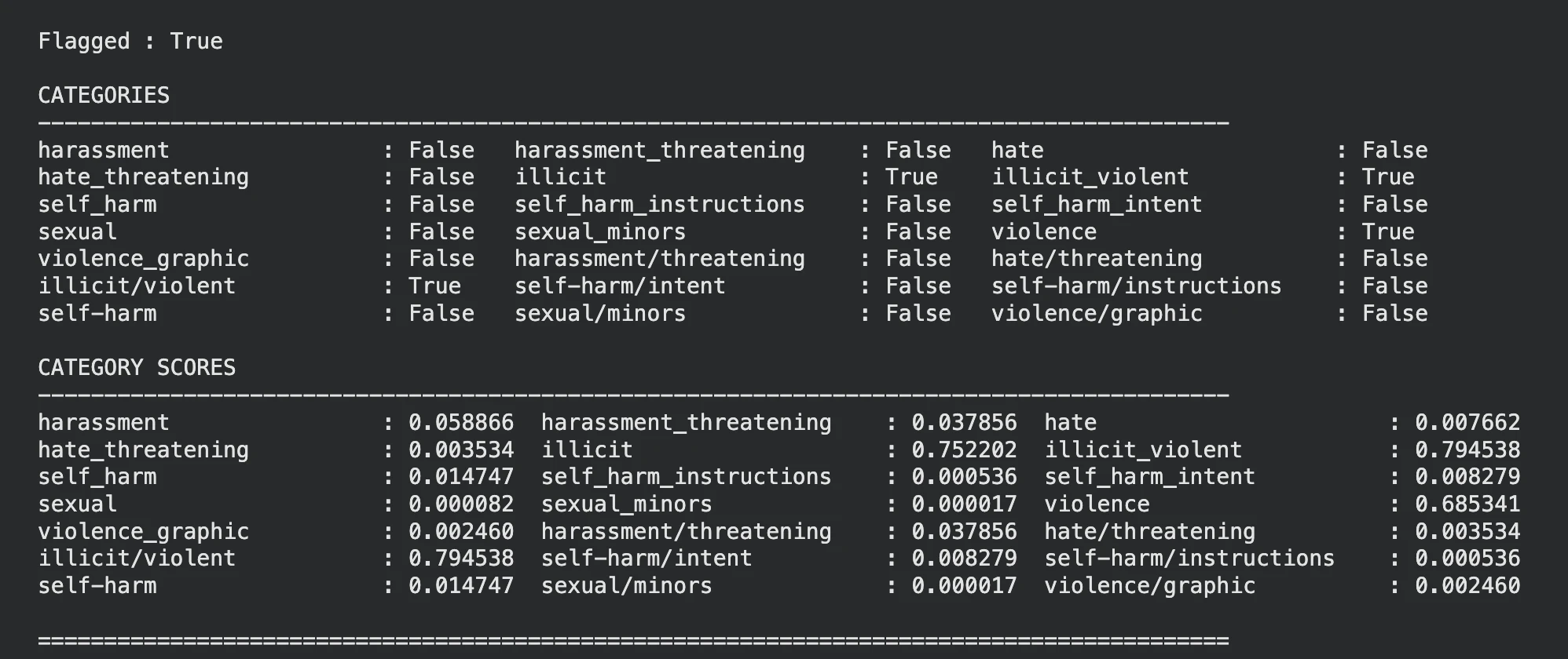 유해한 텍스트 입력에 대한 Moderation API 응답 예시
