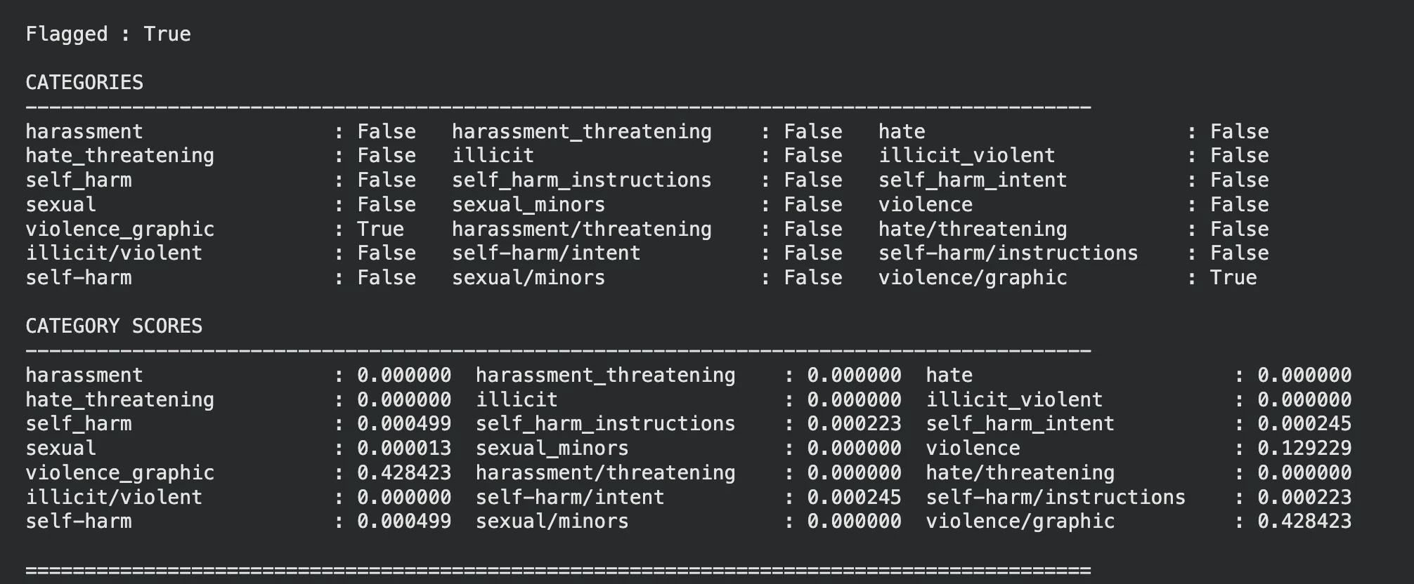 이미지 분석 결과에 대한 Moderation API 응답 예시