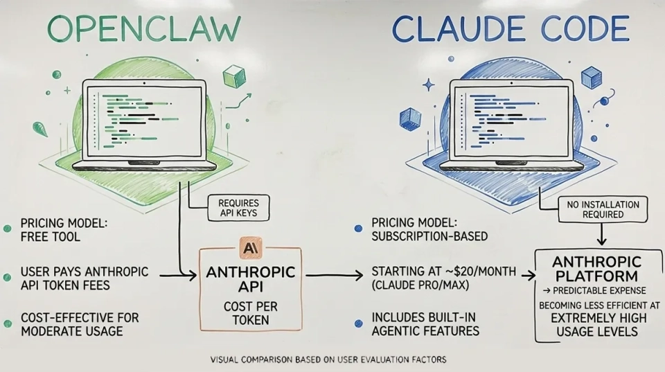 OpenClaw와 Claude Code의 가격 모델 및 비용 구조 비교표