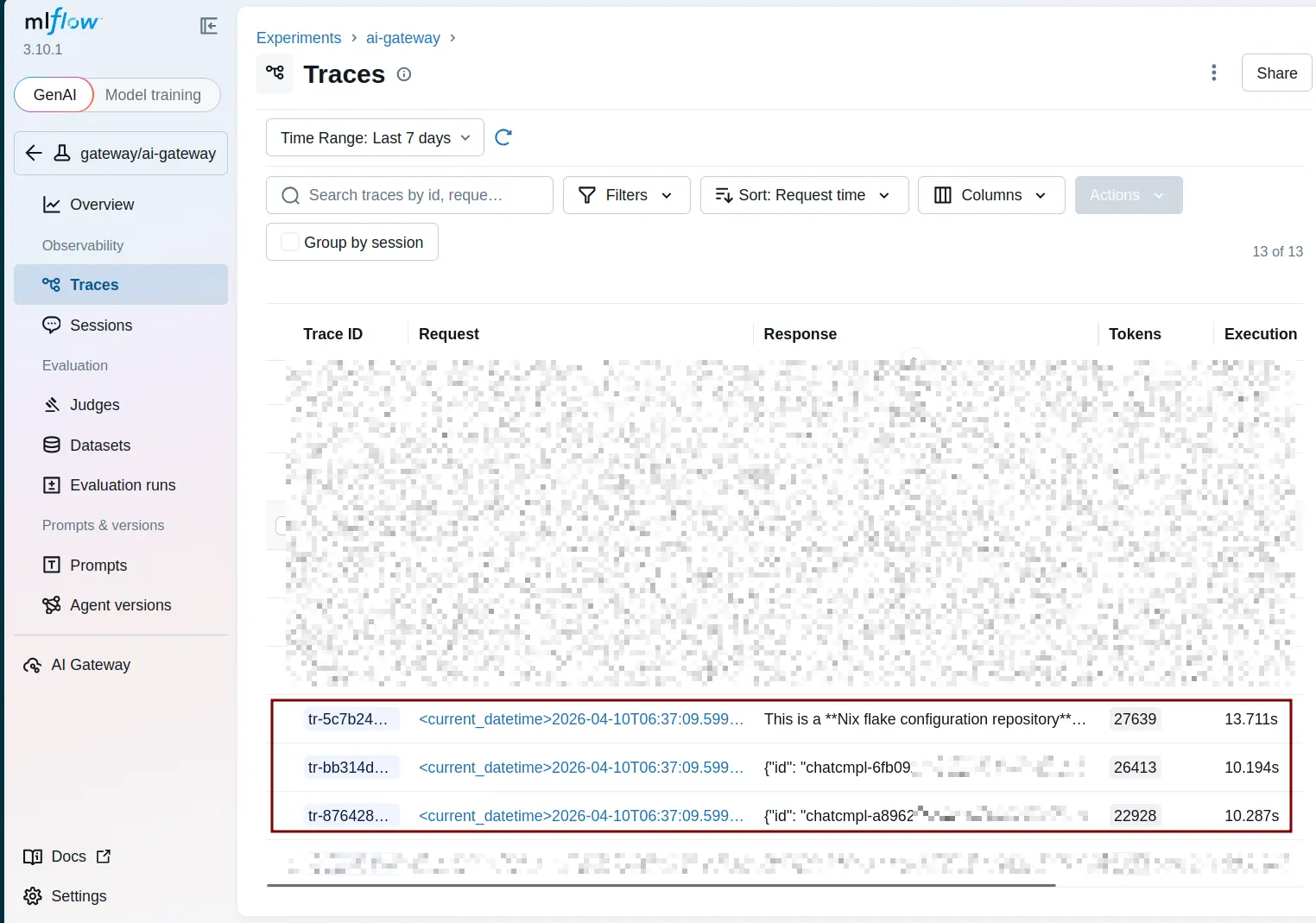 MLflow UI에서 Copilot CLI의 LLM 호출 트레이스 목록을 보여주는 화면