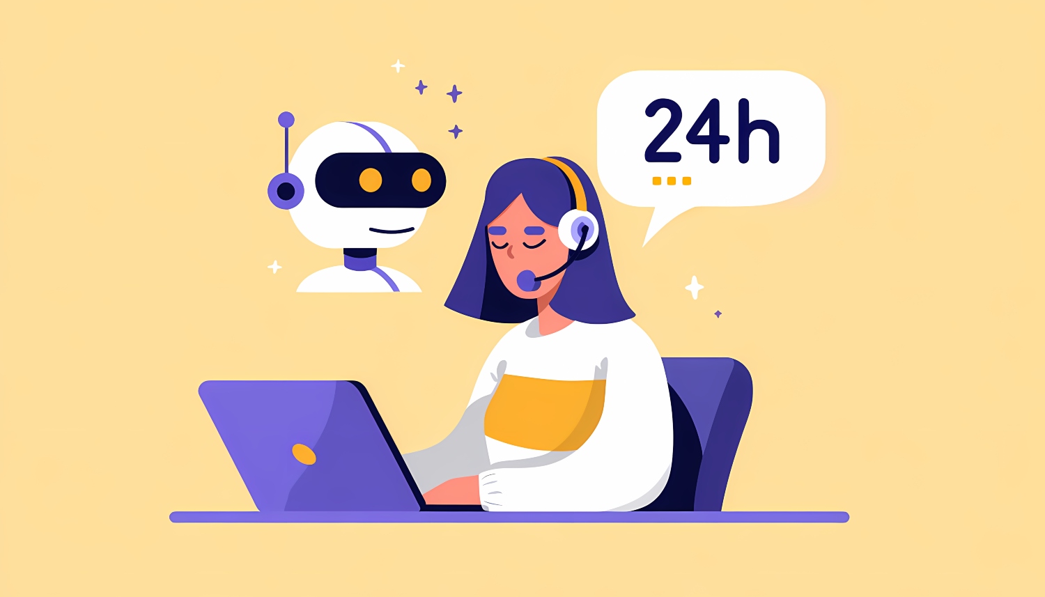 24시간 지원을 제공하는 AI 챗봇과 사용자를 묘사한 일러스트레이션.