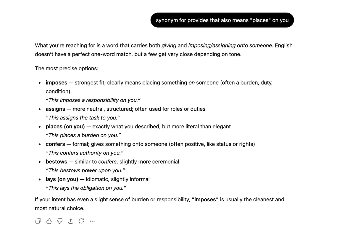 사용자가 'provides'와 유사한 의미를 가진 단어를 찾기 위해 ChatGPT에 질문한 대화 내용.