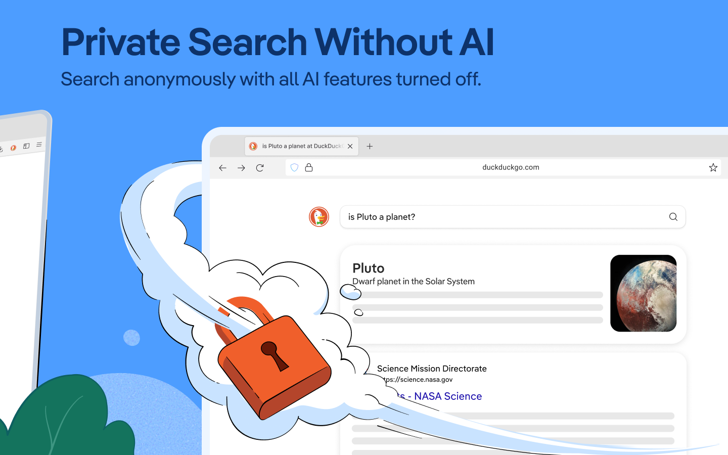 DuckDuckGo의 'AI 없는 검색' 환경을 보여주는 브라우저 스크린샷.