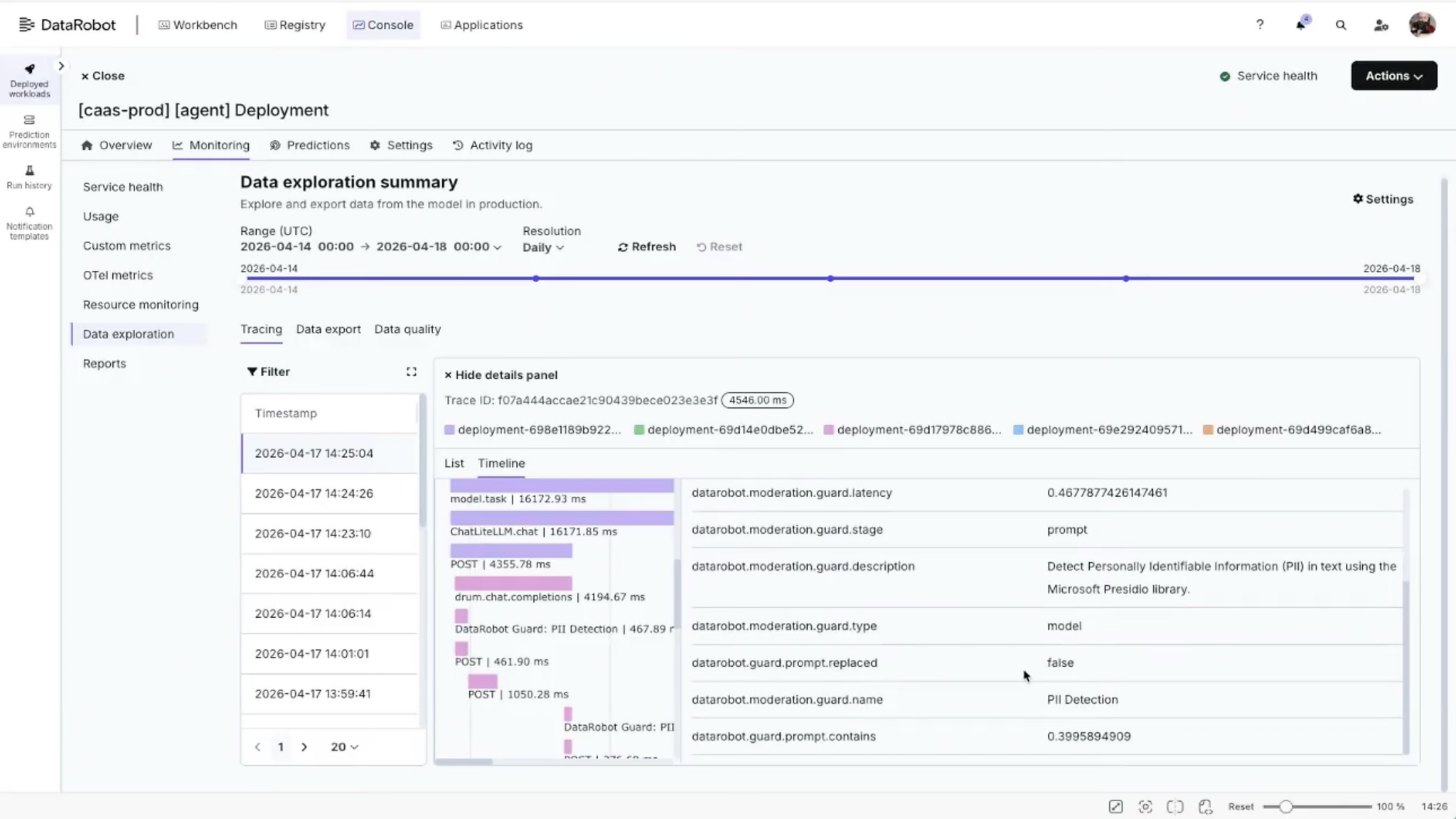 DataRobot의 추적(Tracing) 모니터링 대시보드.