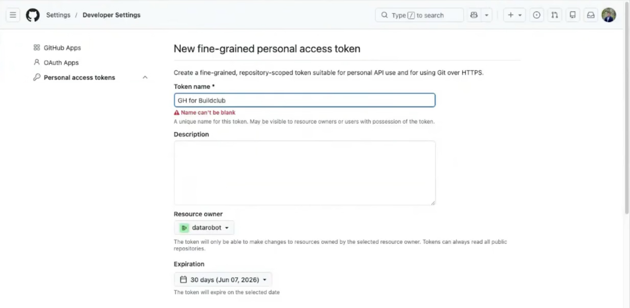GitHub 개인 액세스 토큰 생성 설정 화면