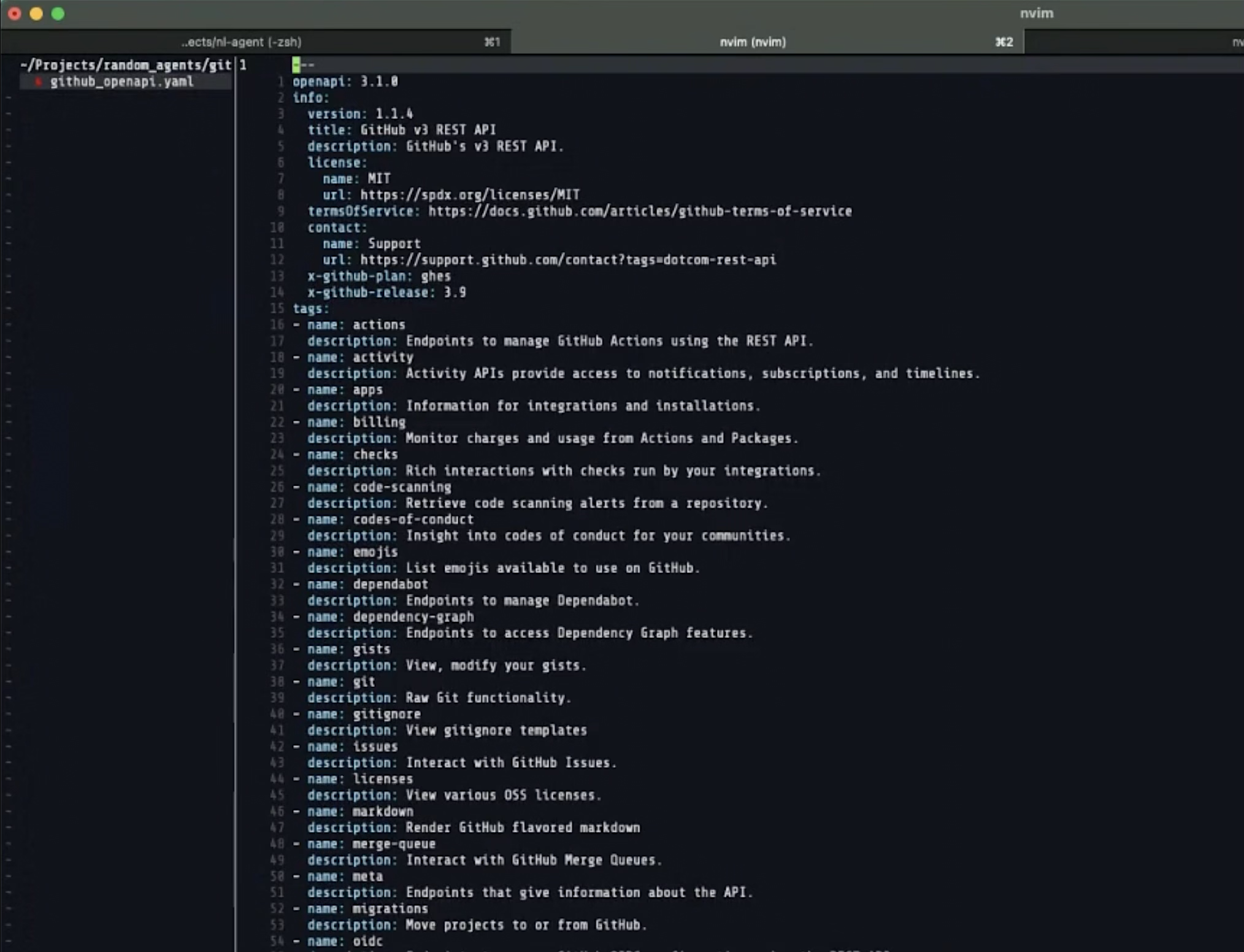 에이전트 디렉토리에 포함된 GitHub OpenAPI YAML 파일 내용