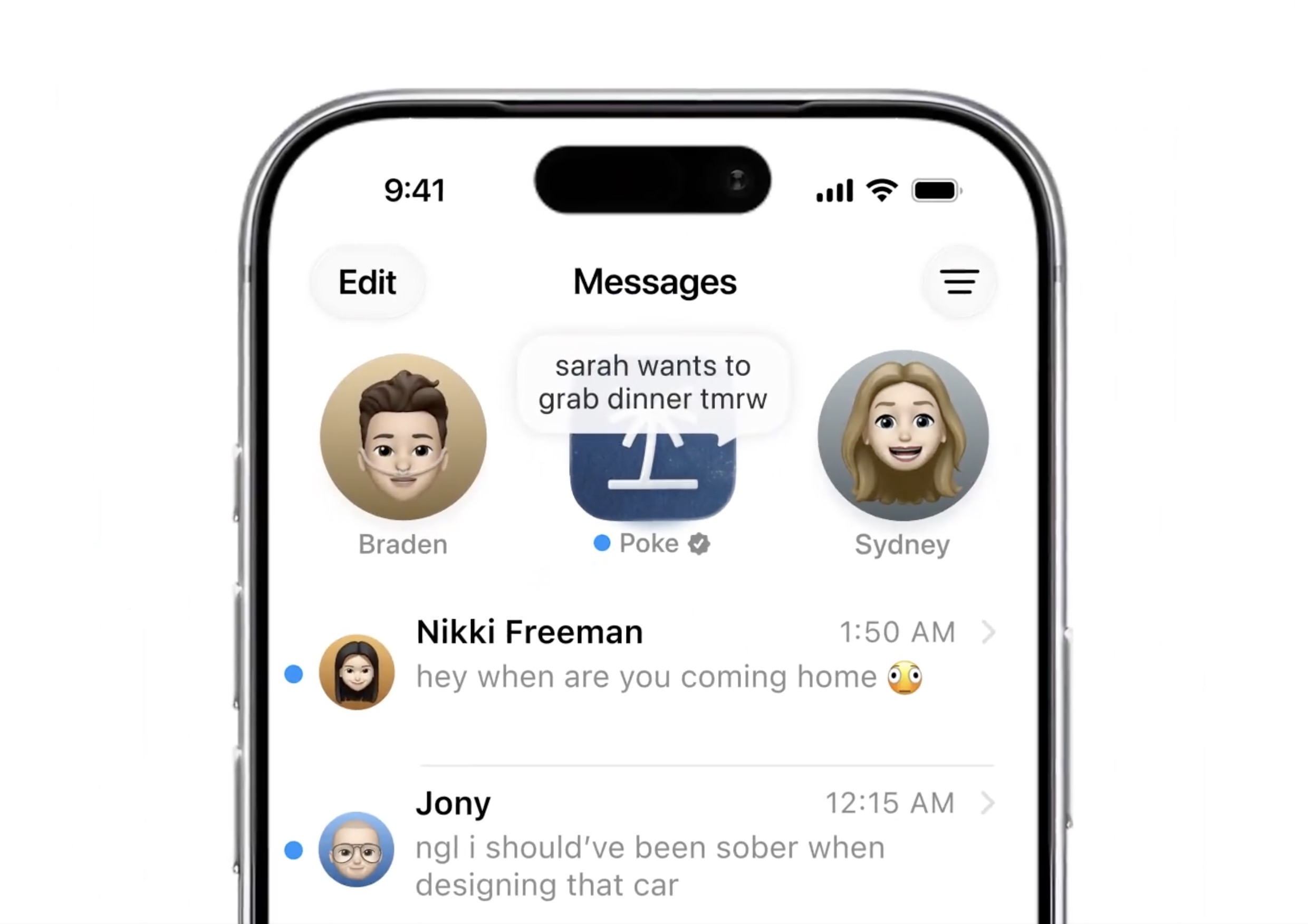 iMessage 인터페이스에서 작동하는 Poke AI 에이전트의 대화 화면.