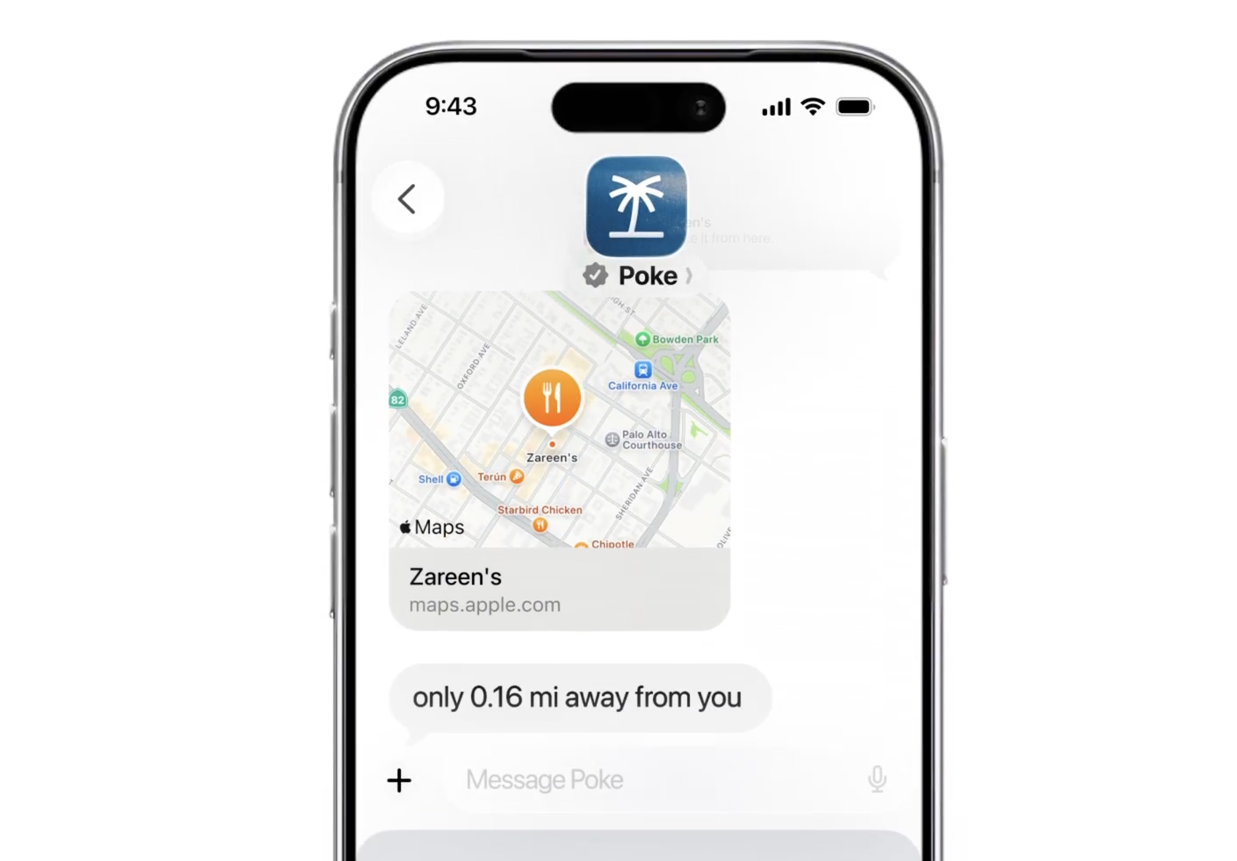 Poke AI 에이전트가 Apple Maps와 연동하여 위치 정보를 제공하는 모습.