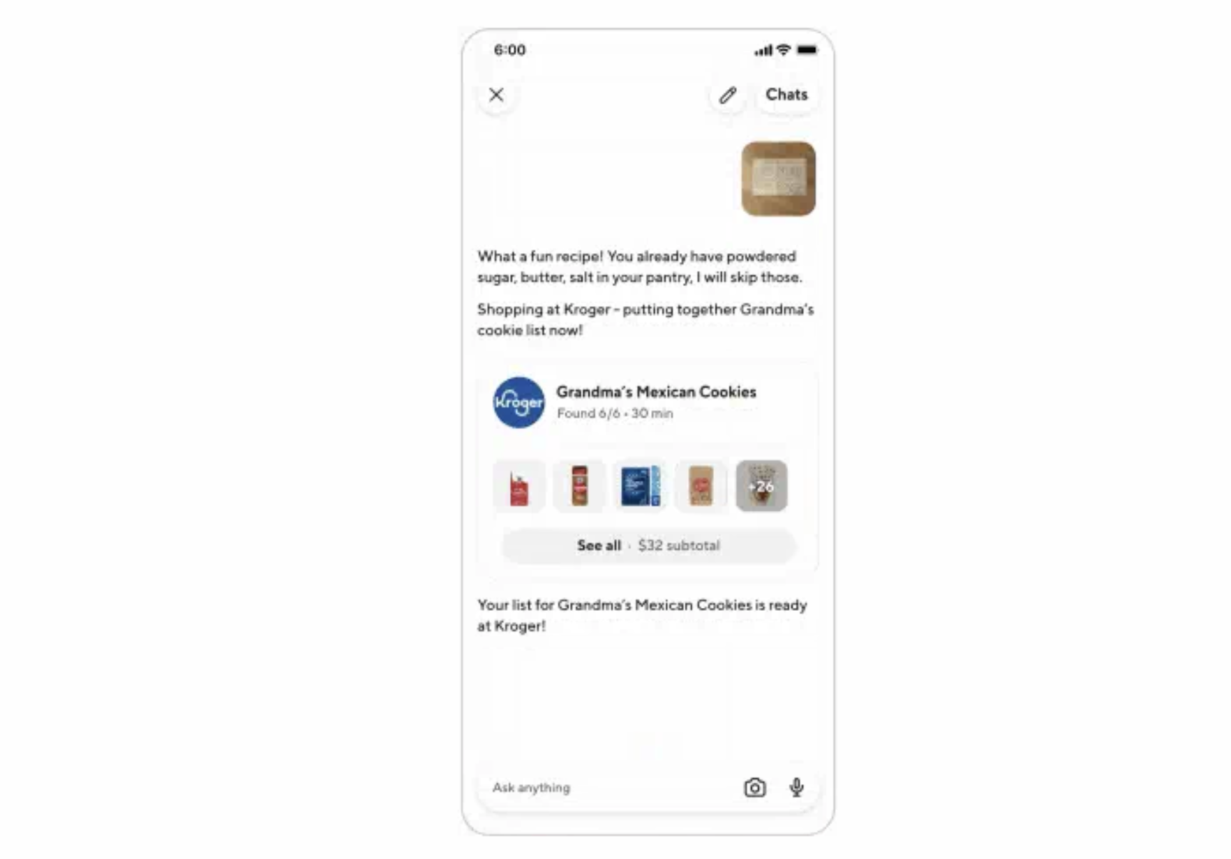 Ask DoorDash 챗봇이 레시피 사진을 기반으로 식료품 목록을 생성하고 장바구니를 구성하는 화면.