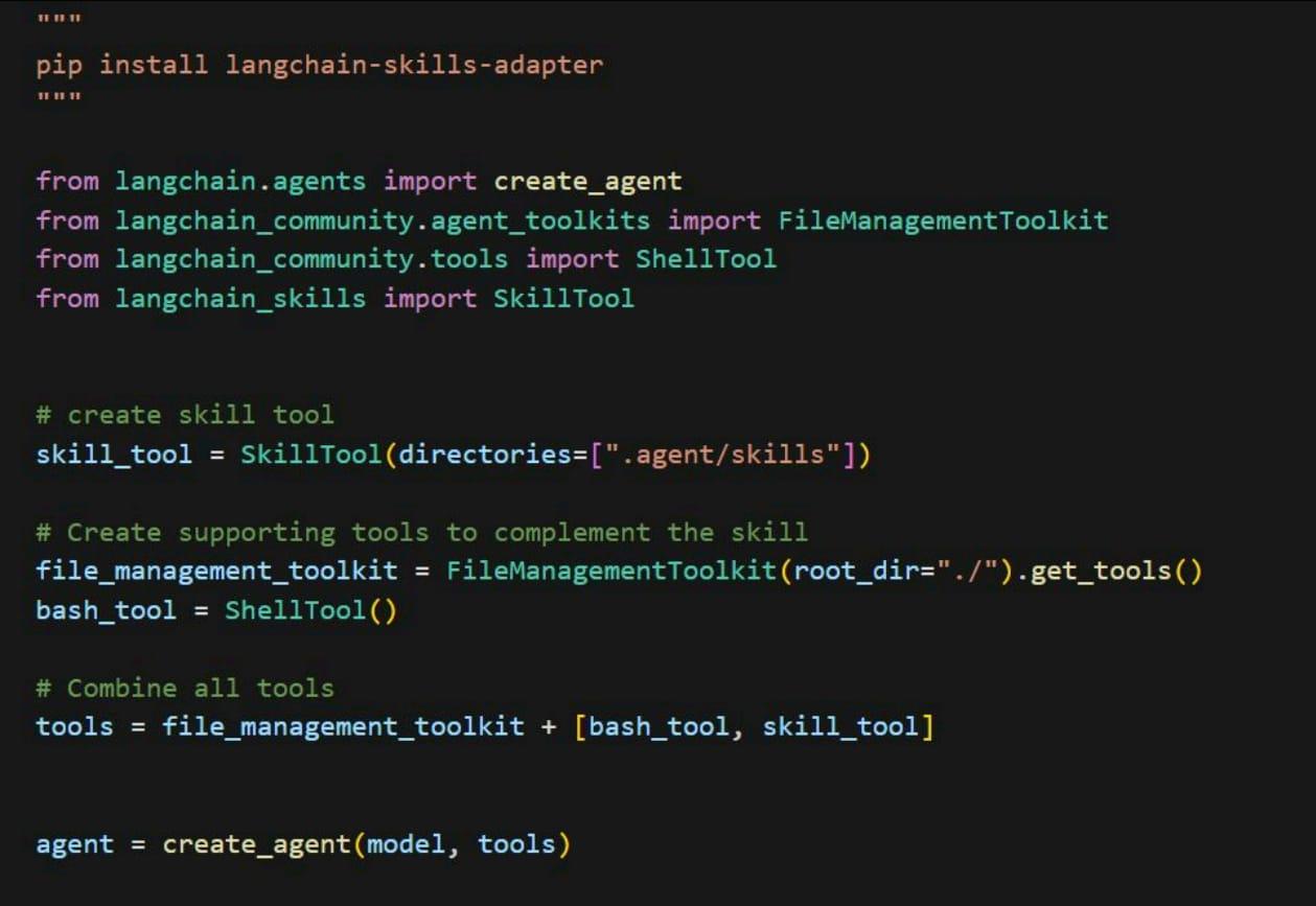 langchain-skills-adapter를 사용하여 스킬을 로드하고 에이전트를 생성하는 과정을 담은 파이썬 코드 스크린샷이다.
