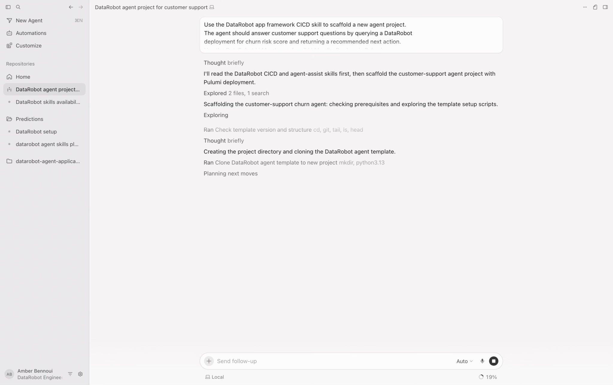Cursor AI 채팅창에서 DataRobot Skills를 활용하는 프롬프트 예시.