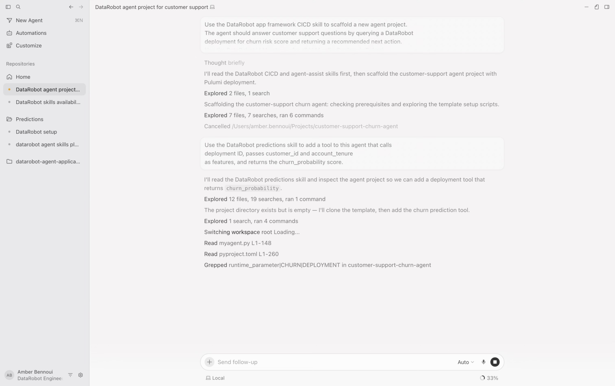 DataRobot Predictions Skill을 사용하여 툴을 추가하는 과정.