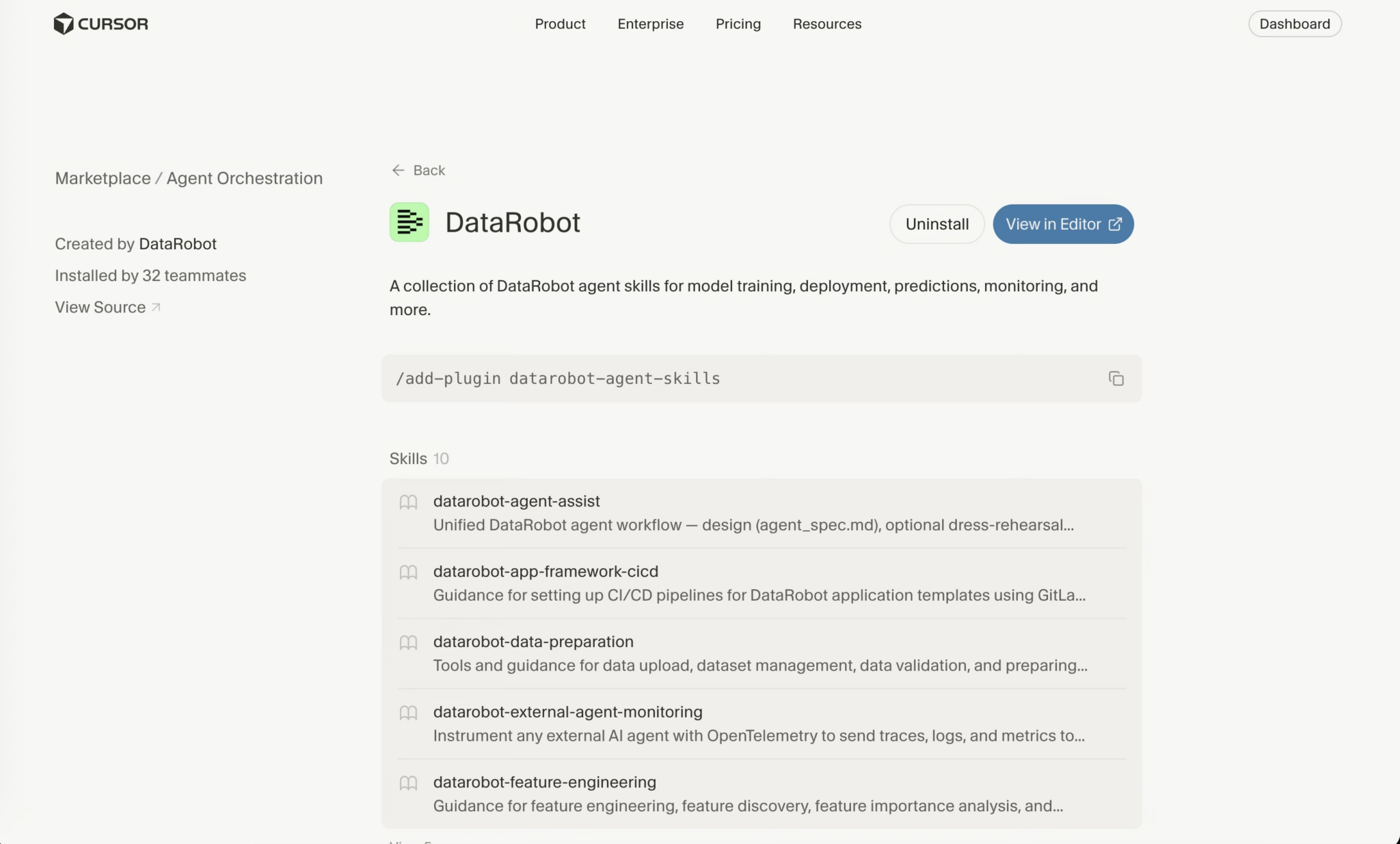 Cursor 마켓플레이스에서 DataRobot Skills를 보여주는 화면.