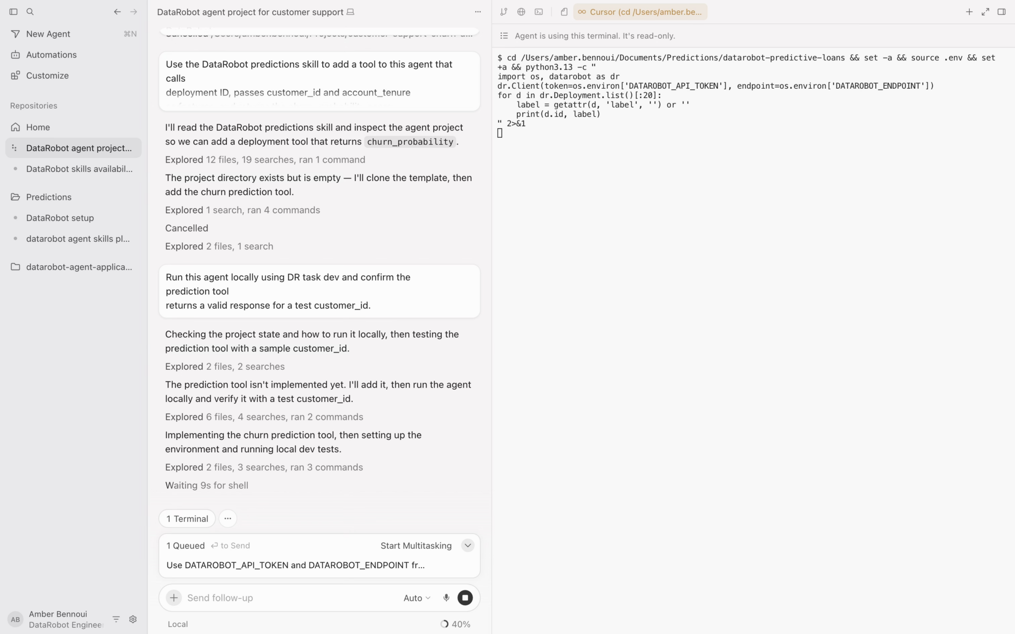 터미널 사이드바에서 에이전트 로컬 테스트를 수행하는 모습.