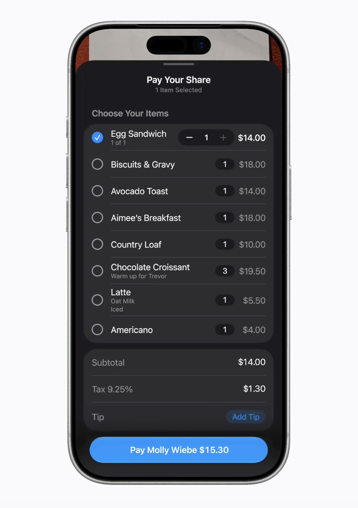Bill Splitting 화면의 항목 선택 및 총액 표시와 Apple Cash 지불 흐름을 보여주는 스크린샷.