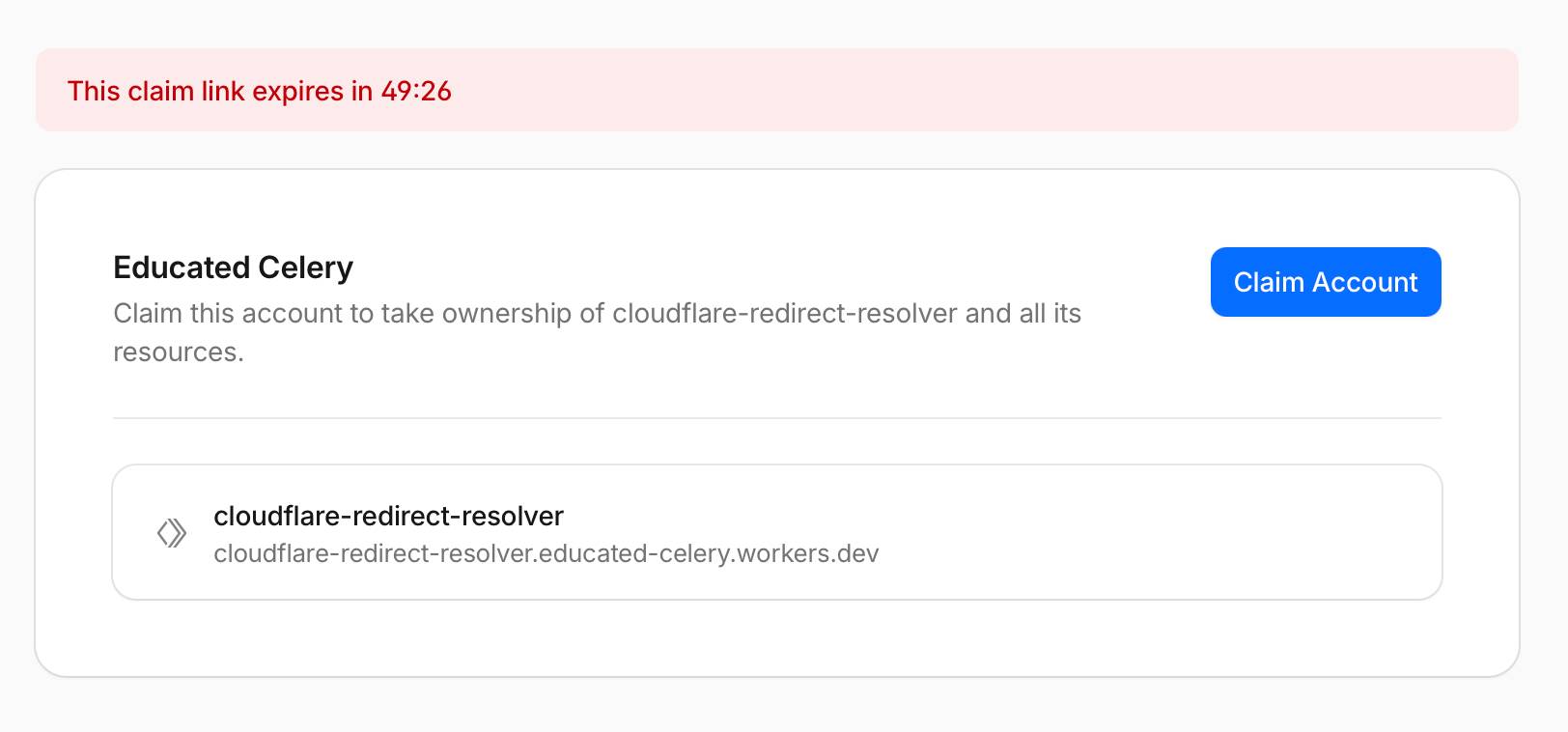 Cloudflare 청구 화면의 스크린샷으로 Educated Celery 계정과 소유권 주장 버튼이 표시된다.