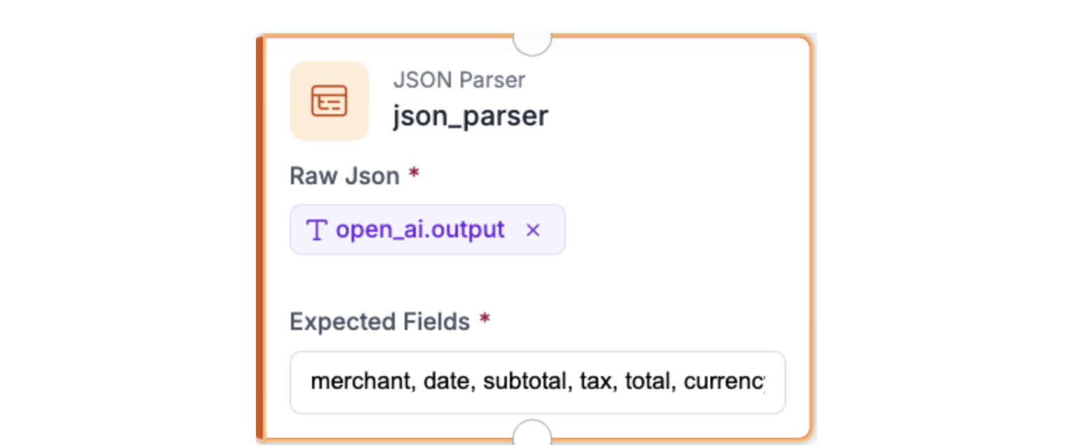 JSON Parser 블록의 필드 설정 화면