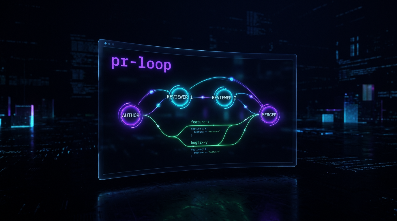 PR 파이프라인을 네온 다이어그램으로 보여주는 시각적 아키텍처(Author → Reviewer1 → Reviewer2 → Merger).