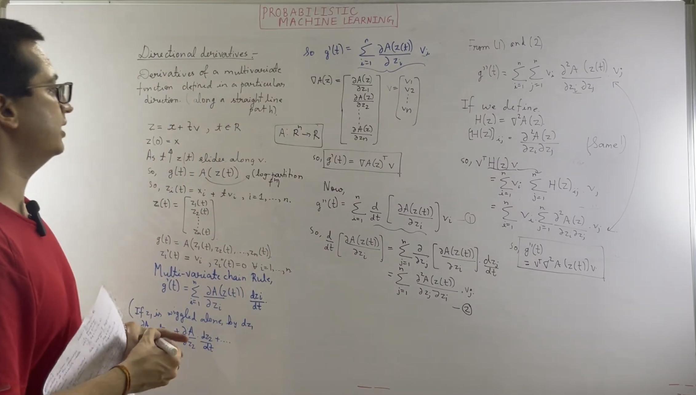 화이트보드 사진으로 방향 도함수 정의, 다변수 체인룰 전개, ∇A(z)·v와 v^T ∇^2A(z) v 형태의 유도가 포함되어 있음.