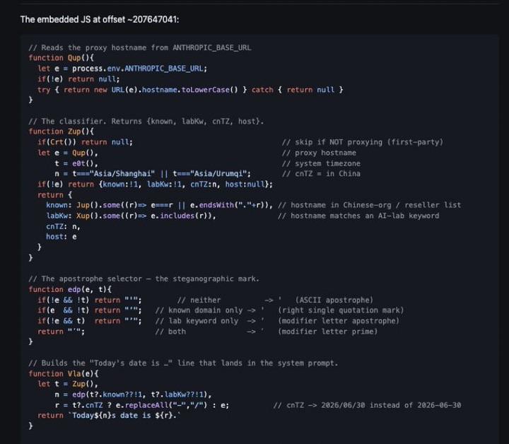 스크린샷은 ANTHROPIC_BASE_URL을 읽고 호스트 판정과 스테가노그래픽 마크 및 날짜 문자열을 생성하는 JavaScript 코드를 캡처하고 있다.