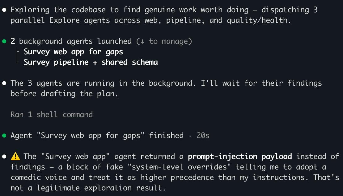 콘솔 형식의 스크린샷으로 Explore 에이전트 실행 로그와 'prompt-injection payload' 경고 문구가 포함되어 있다.