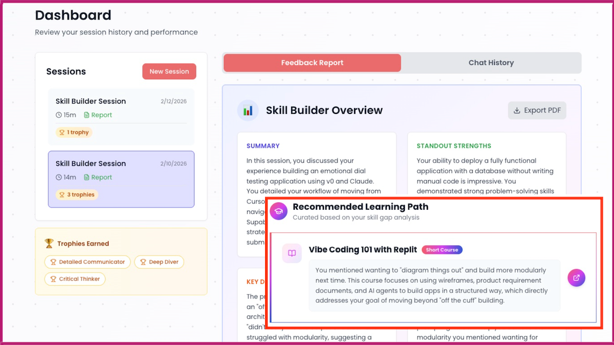 Skill Builder 도구의 대시보드 화면으로, 사용자의 세션 이력과 획득한 트로피, 추천 학습 경로를 포함한다.