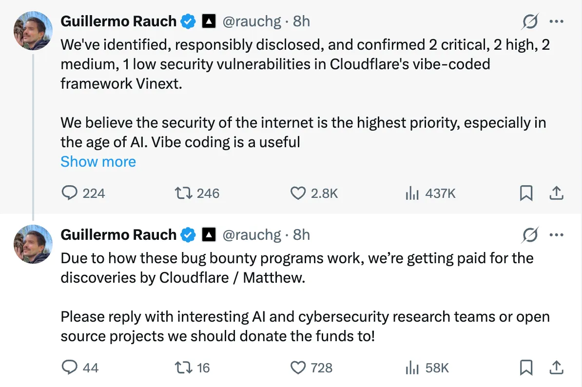 Vercel CEO Guillermo Rauch의 X(트위터) 게시물 캡처