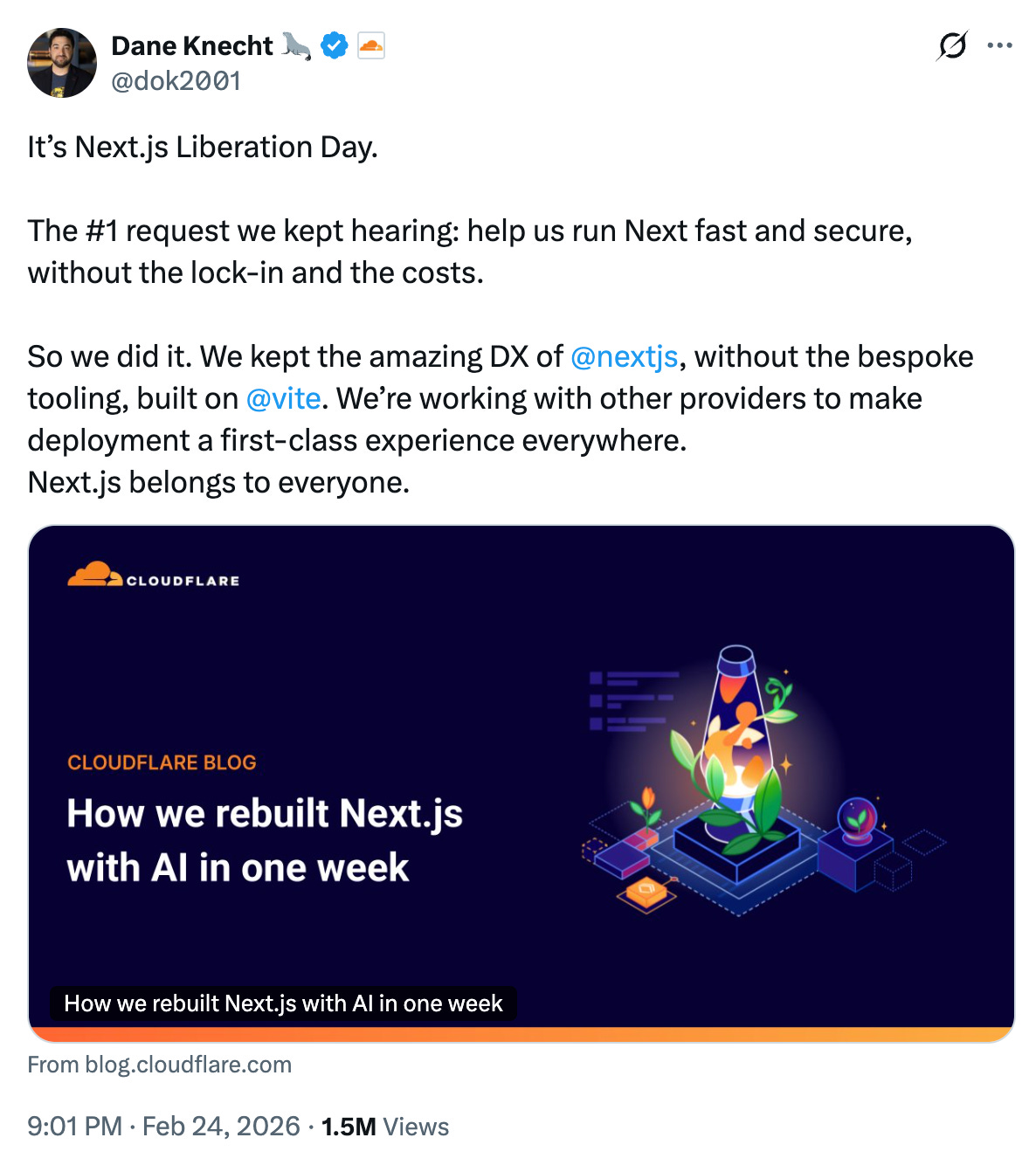 Cloudflare 블로그의 vinext 발표 화면 캡처