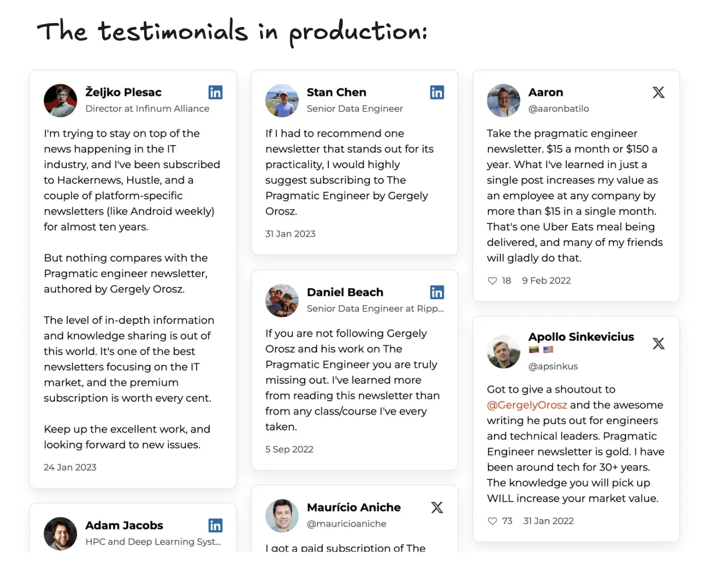 실제 서비스 중인 테스티모니얼 섹션의 모습