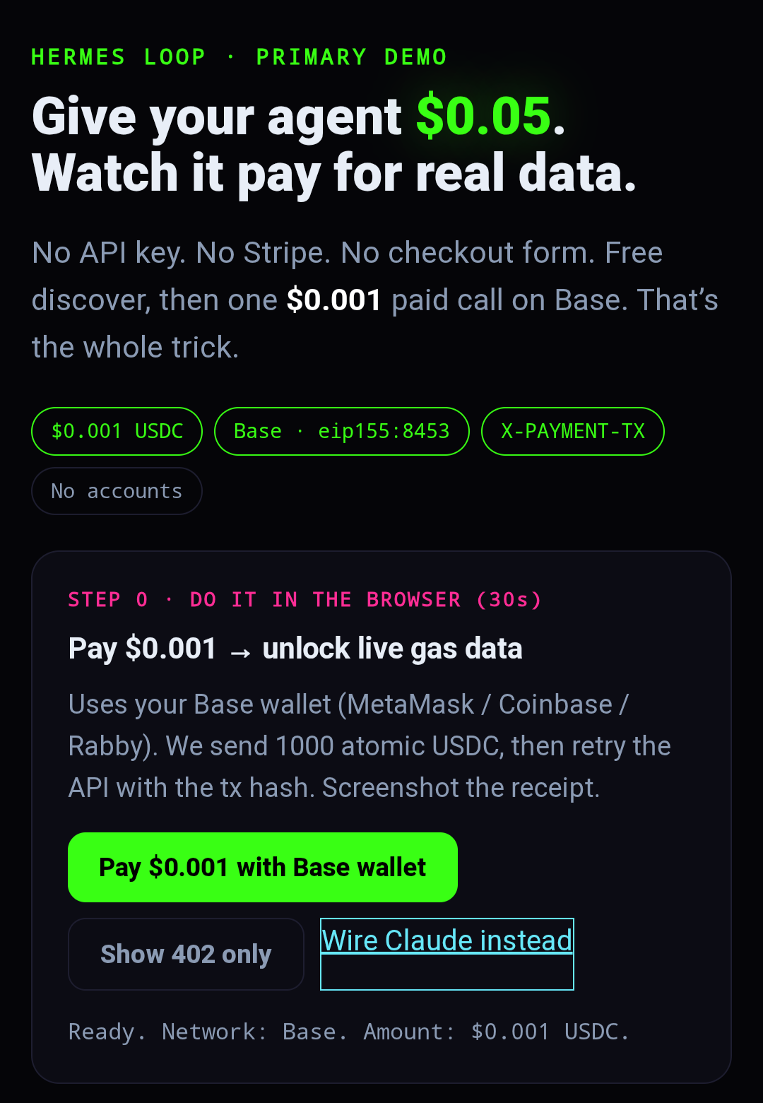 데모 UI 스크린샷으로 결제 금액, 네트워크(Base), 라우트 설정 및 'Pay $0.001 with Base wallet' 버튼과 같은 구체적 흐름이 시각적으로 제시되어 있다.