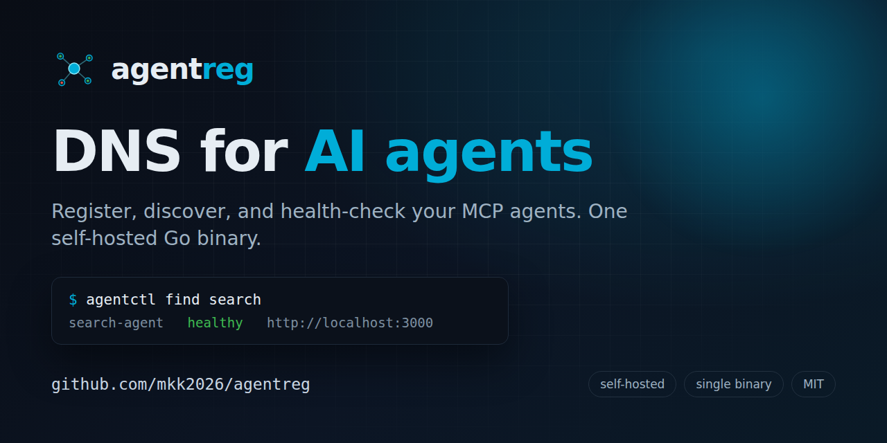 프로젝트 로고와 함께 agentctl 사용 예시가 포함된 배너형 스크린샷으로, 에이전트 검색 결과와 상태, 엔드포인트를 보여준다.