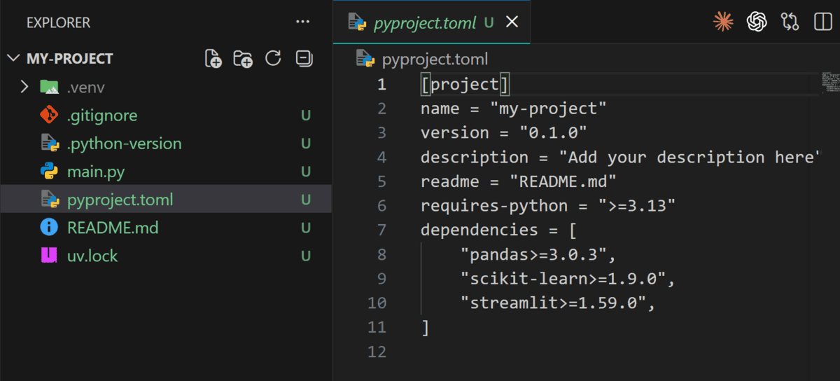 VSCode 편집기에서 pyproject.toml과 .venv 파일 구조를 보여주는 스크린샷으로, 의존성 선언과 락 파일이 실체로 존재함을 시각화합니다.