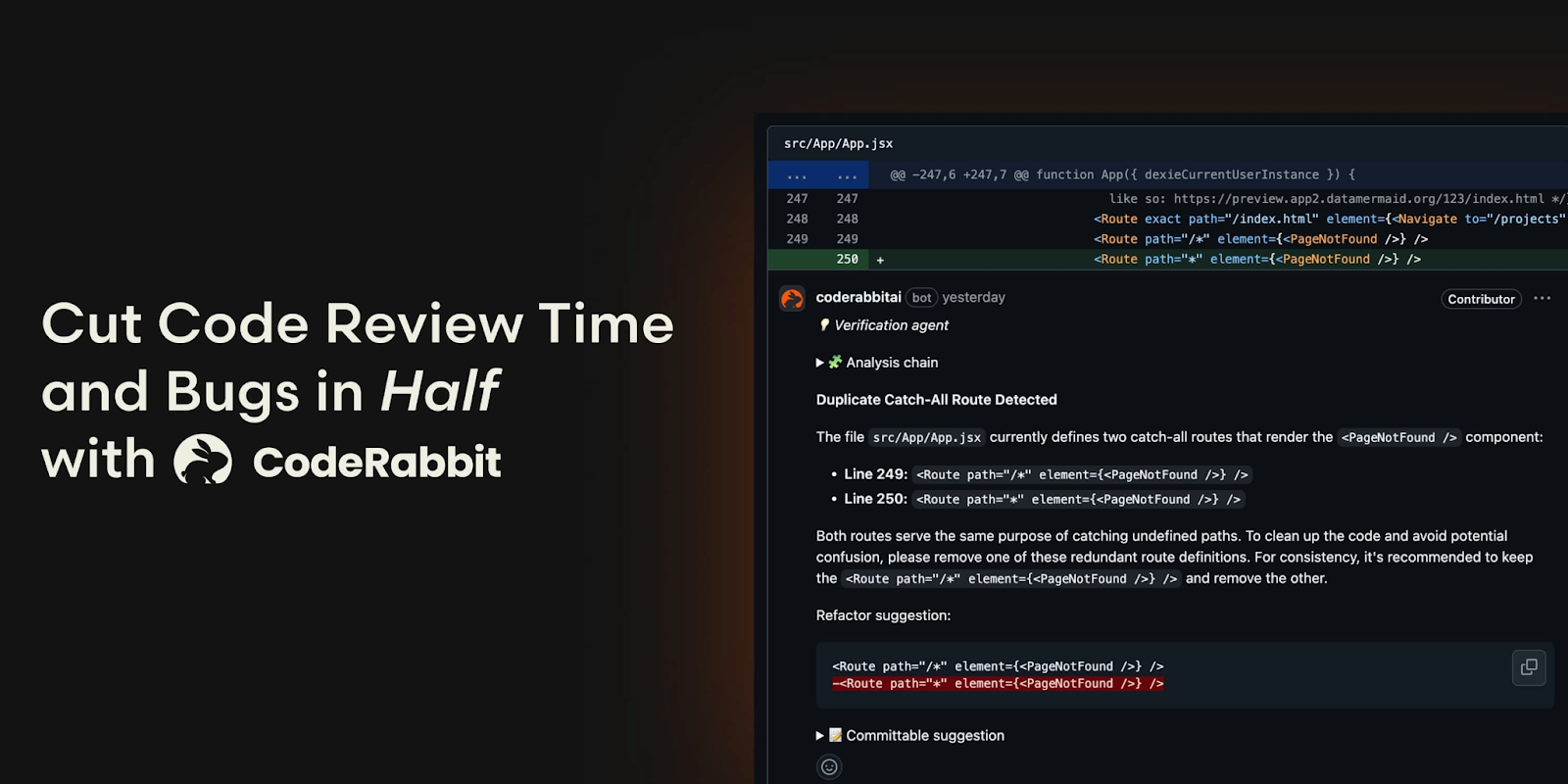 CodeRabbit 광고 이미지와 PR 리뷰 UI 스크린샷
