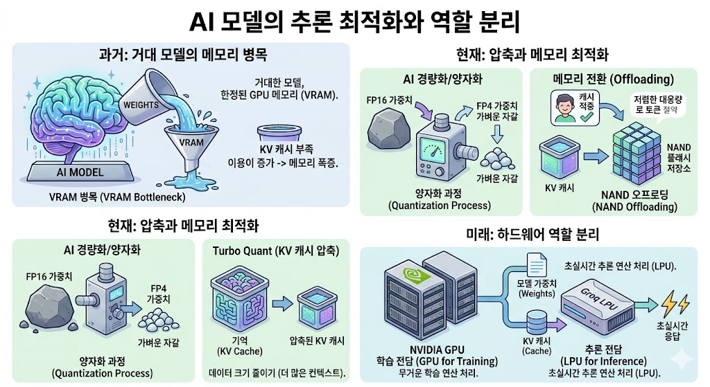 AI 모델 추론 최적화의 병목과 압축·하드웨어 분리를 설명한 인포그래픽