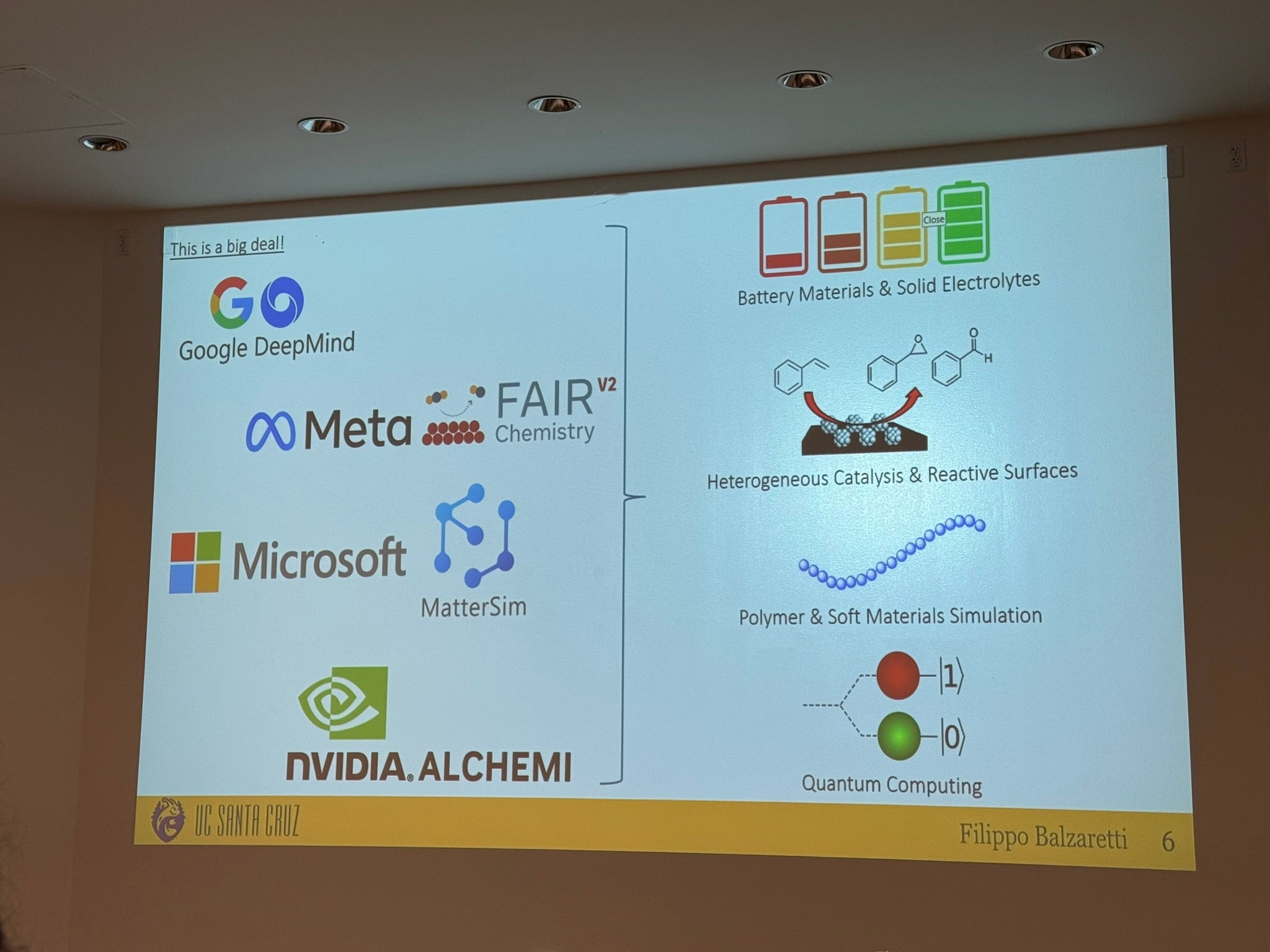 발표 슬라이드에 Google DeepMind, Meta FAIR Chemistry, Microsoft MatterSim, NVIDIA ALCHEMI 등의 로고와 화학·배터리·양자 응용 사례가 정리된 장면이다.