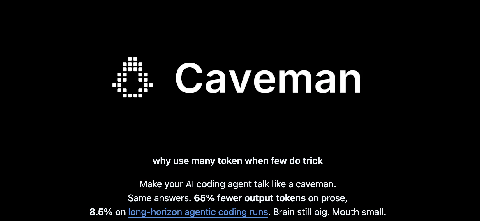 Caveman 타이틀과 간결화 주장(토큰 절감)을 보여주는 블랙 배경 슬라이드