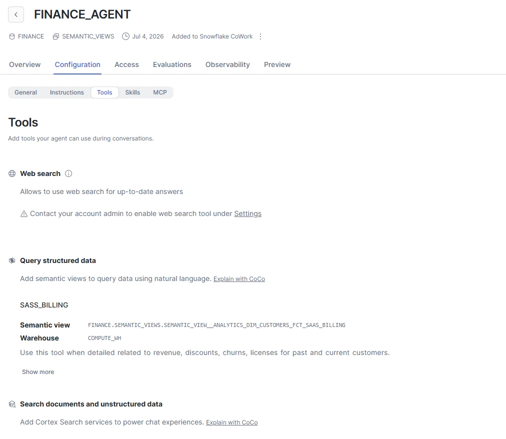 Finance agent 도구 설정 화면 스크린샷