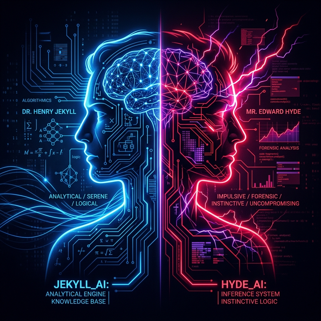 Jekyll과 Hyde를 대비시킨 시각적 인포그래픽으로 왼쪽은 분석적·논리적 엔진, 오른쪽은 충동적·포렌식적 추론을 상징한다.