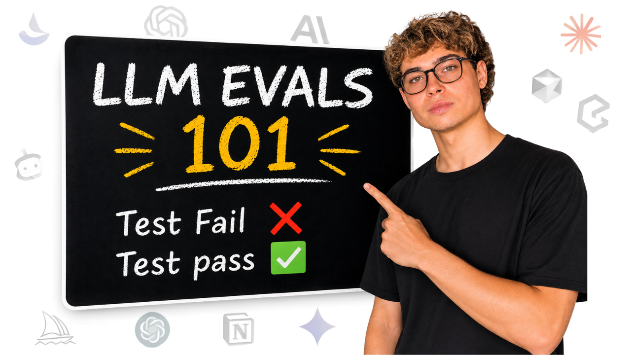 썸네일은 'LLM EVALS 101' 텍스트와 통과/실패 체크를 중심으로 한 입문형 안내를 시사합니다.