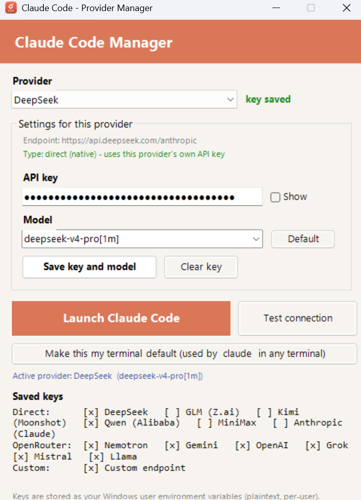 스크린샷은 'Claude Code Manager' GUI 창을 캡처한 화면으로, 상단 Provider 선택 박스에 DeepSeek가 선택되어 있고 'key saved' 상태가 보인다. 중간 영역에는 Endpoint로 https://api.deepseek.com/anthropic가 표시되며 Model 드롭다운에 deepseek-v4-pro[1m]가 선택되어 있다. 하단에는 Launch Claude Code 버튼과 저장된 키 목록이 표시되어 여러 Provider 이름이 체크된 모습이 보인다.